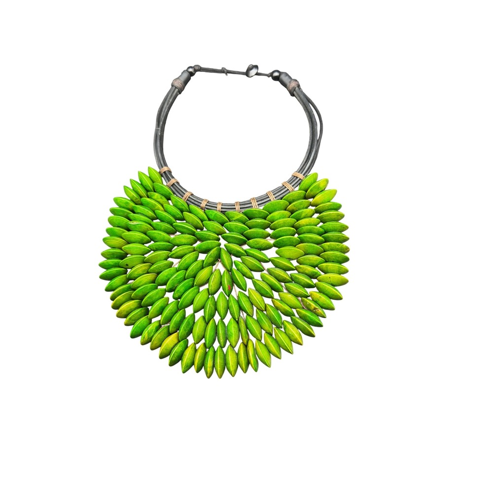 Oversized  African Green Wood Statement Bib Leaf Necklace Boho Tribal Artisan KC